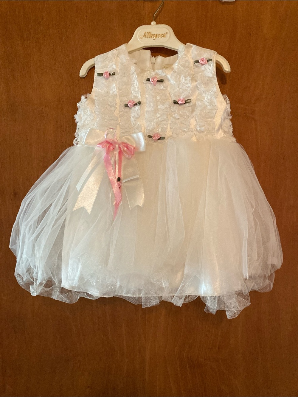 Elegant White Tulle infant Dress with Pink Rose Accents - 18 mos